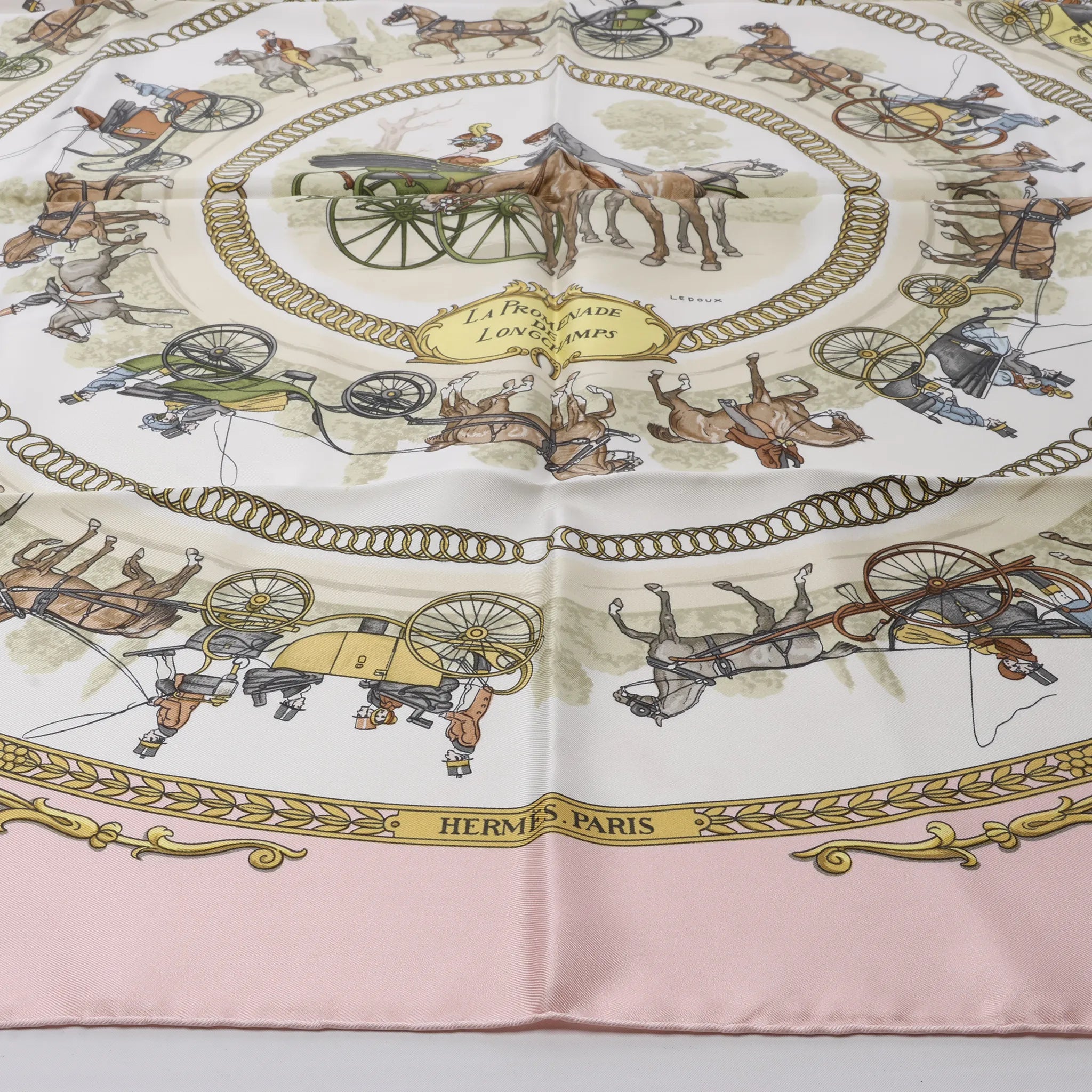 Hermès Carré 90 "LA PROMENADE DE LONGCHAMPS" Silk handkerchief in Pink