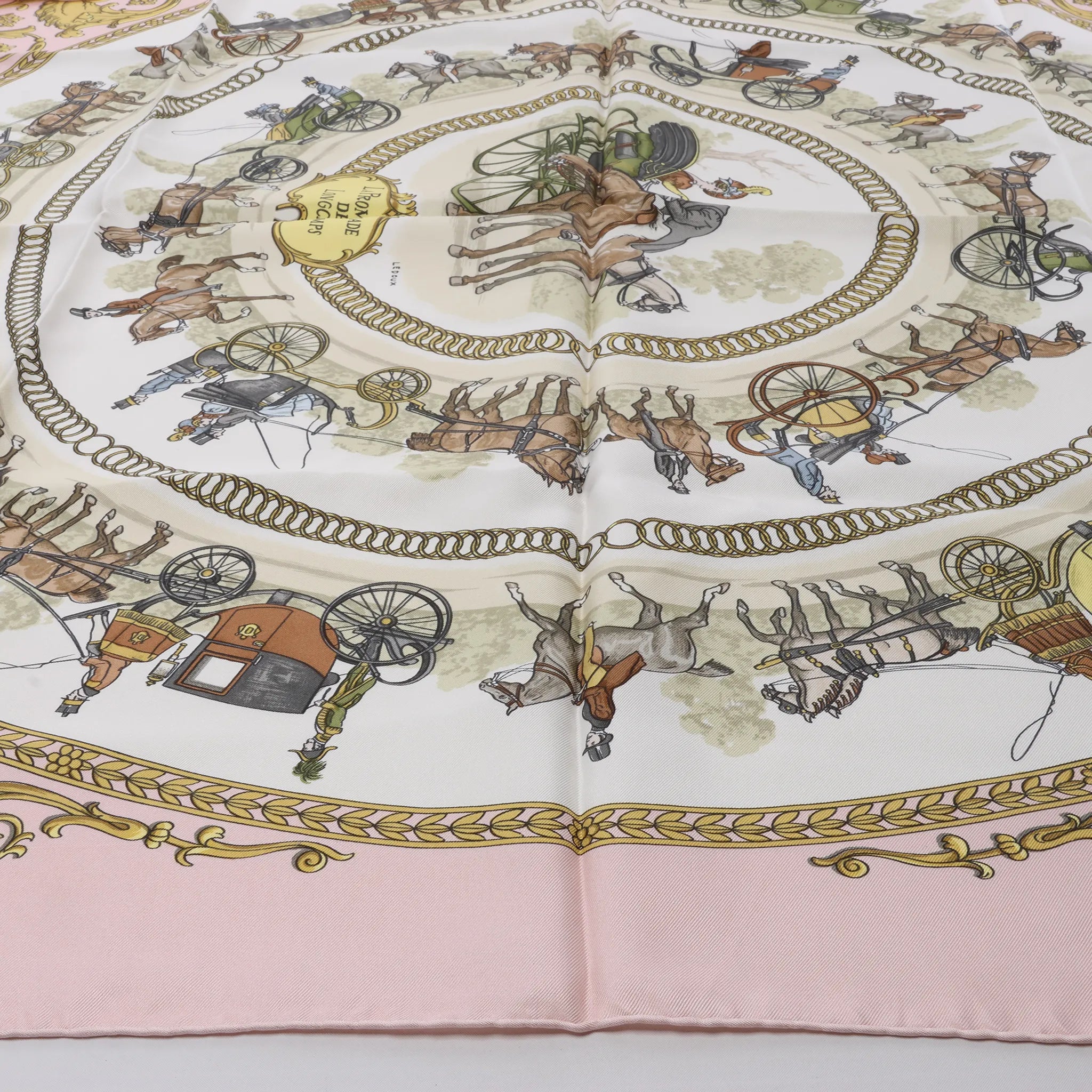 Hermès Carré 90 "LA PROMENADE DE LONGCHAMPS" Silk handkerchief in Pink