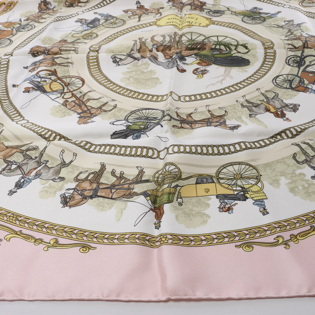 Hermès Carré 90 "LA PROMENADE DE LONGCHAMPS" Silk handkerchief in Pink