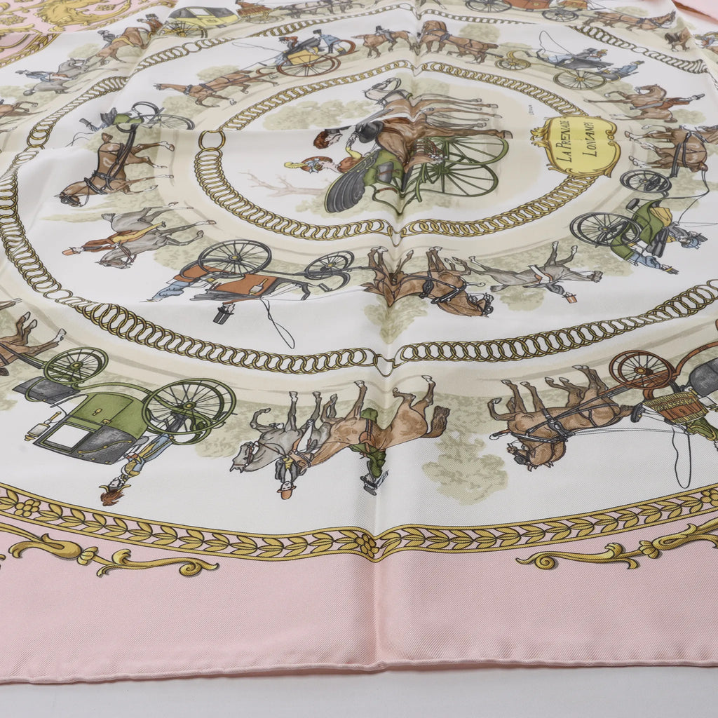 Hermès Carré 90 "LA PROMENADE DE LONGCHAMPS" Silk handkerchief in Pink