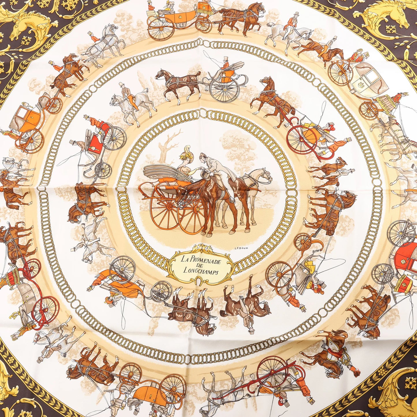 Hermès Carré 90 "LA PROMENADE DE LONGCHAMPS" Silk handkerchief in Brown