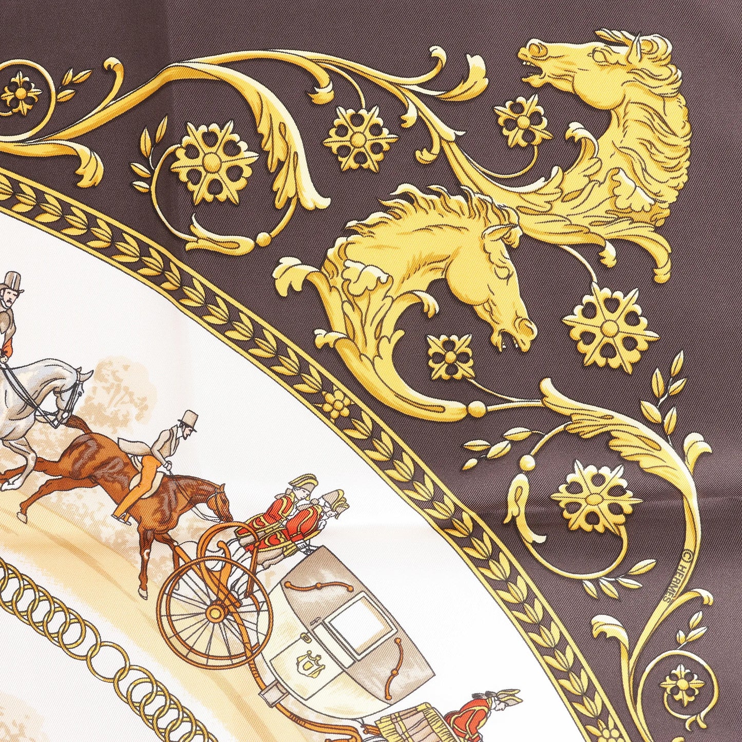 Hermès Carré 90 "LA PROMENADE DE LONGCHAMPS" Silk handkerchief in Brown