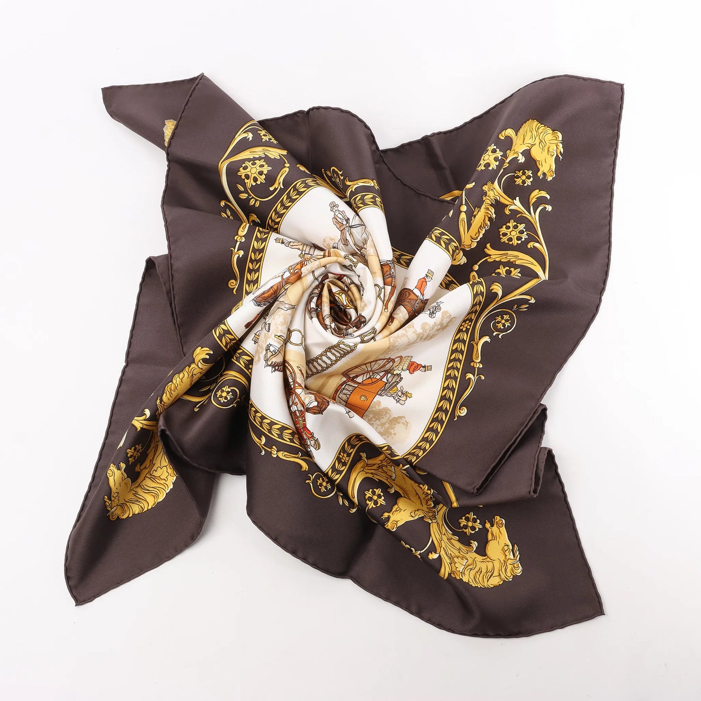 Hermès Carré 90 "LA PROMENADE DE LONGCHAMPS" Silk handkerchief in Brown