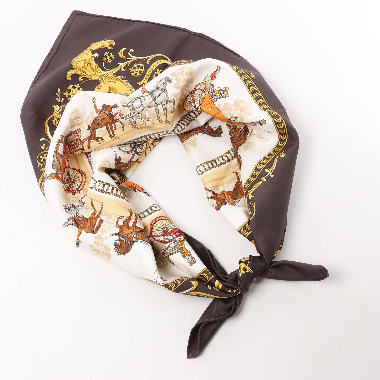 Hermès Carré 90 "LA PROMENADE DE LONGCHAMPS" Silk handkerchief in Brown