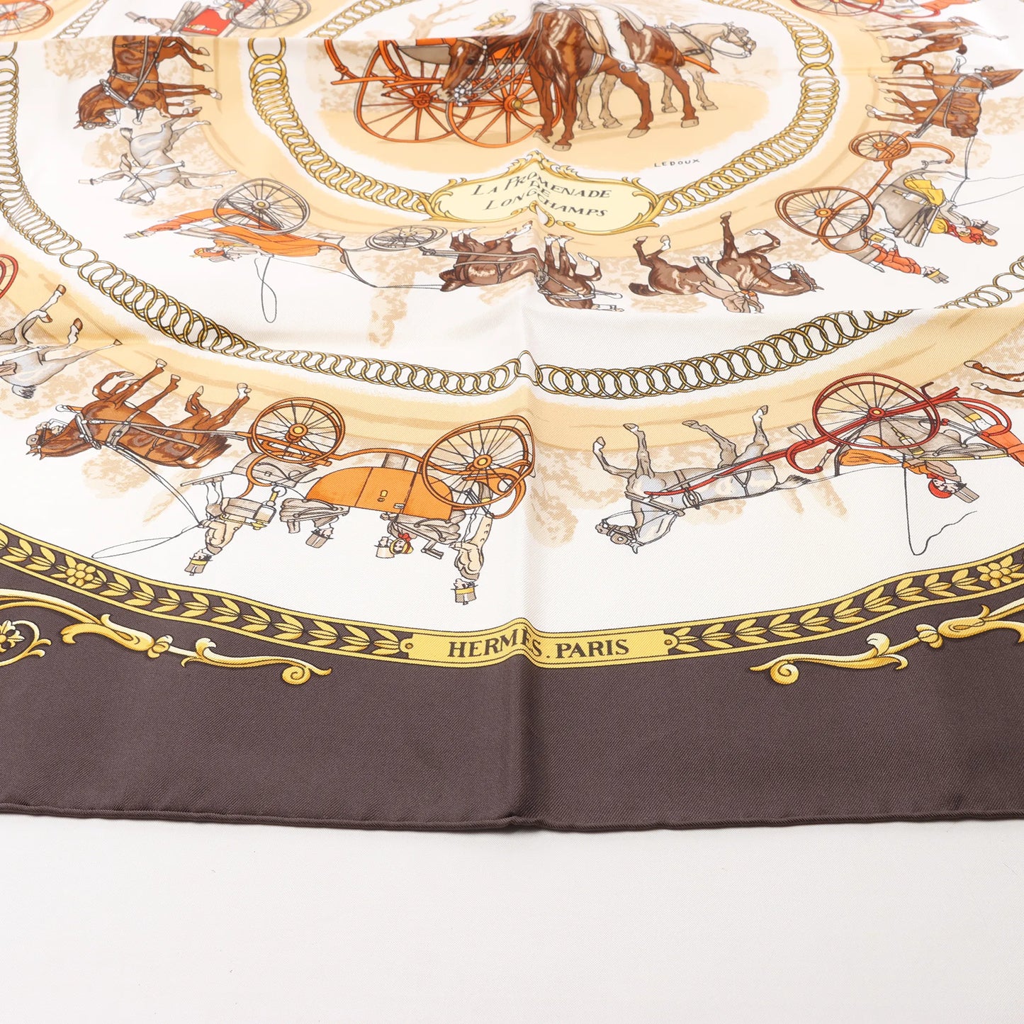 Hermès Carré 90 "LA PROMENADE DE LONGCHAMPS" Silk handkerchief in Brown
