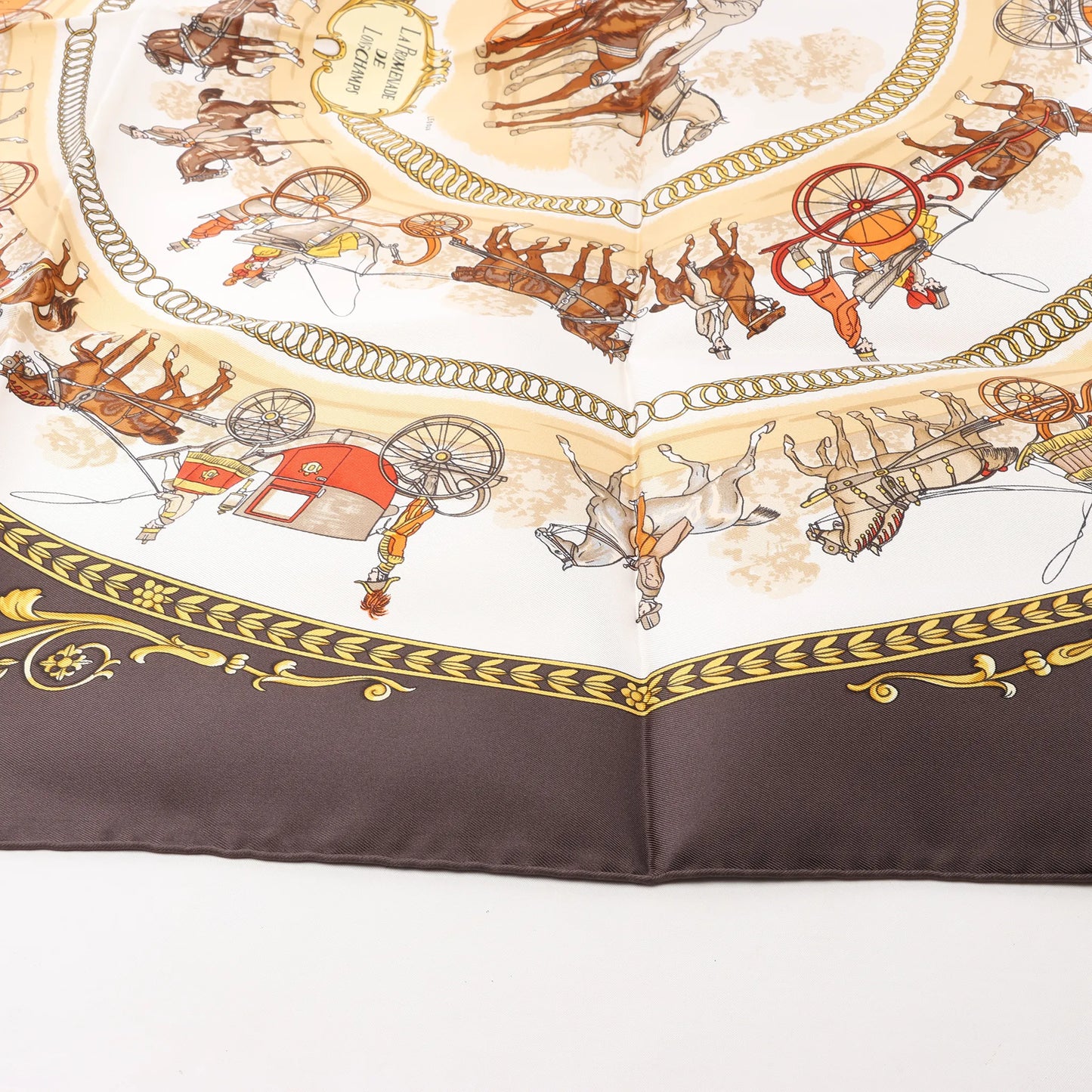 Hermès Carré 90 "LA PROMENADE DE LONGCHAMPS" Silk handkerchief in Brown