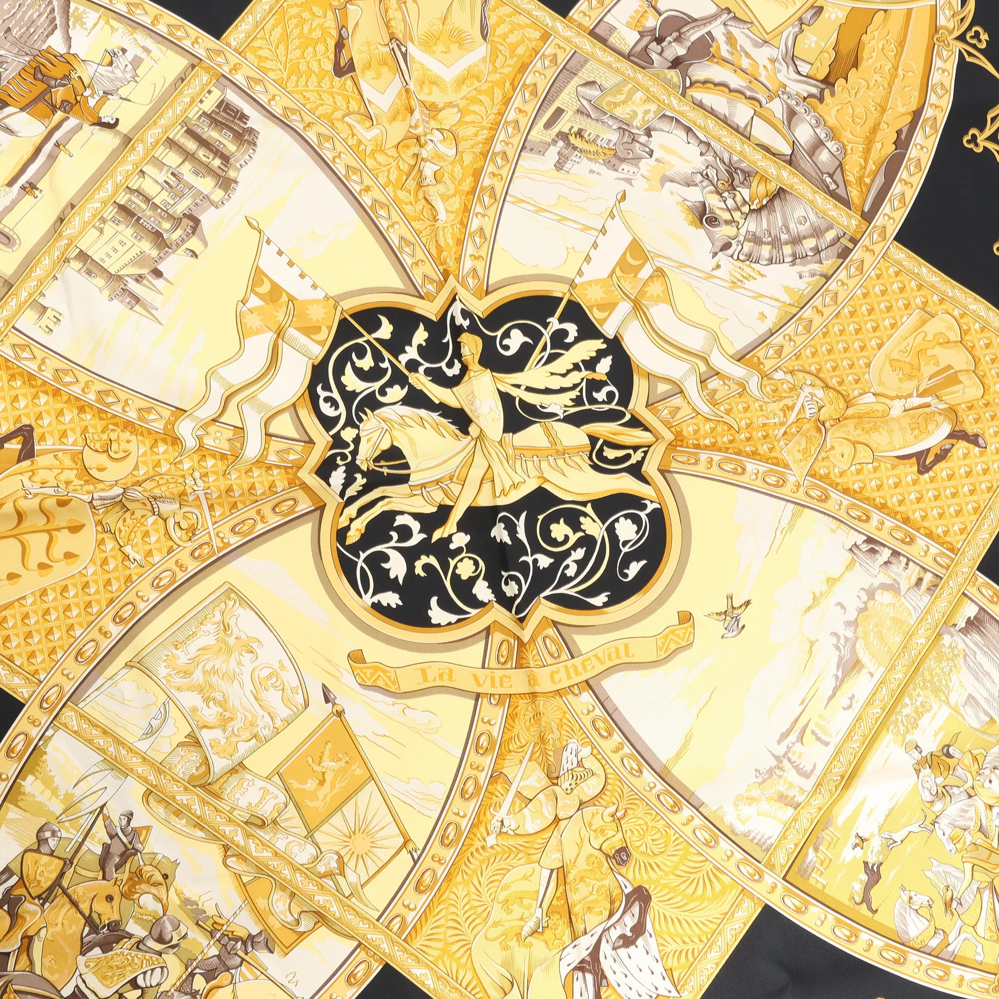 Hermès Carré 90 "LA VIE a CHEVAL" Silk handkerchief in Black x Yellow