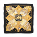 Hermès Carré 90 "La Vie à Cheval" silk scarf in black and yellow featuring detailed equestrian-themed illustrations framed by a bold black border.