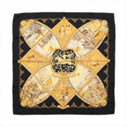 Hermès Carré 90 "La Vie à Cheval" silk scarf in black and yellow featuring detailed equestrian-themed illustrations framed by a bold black border.
