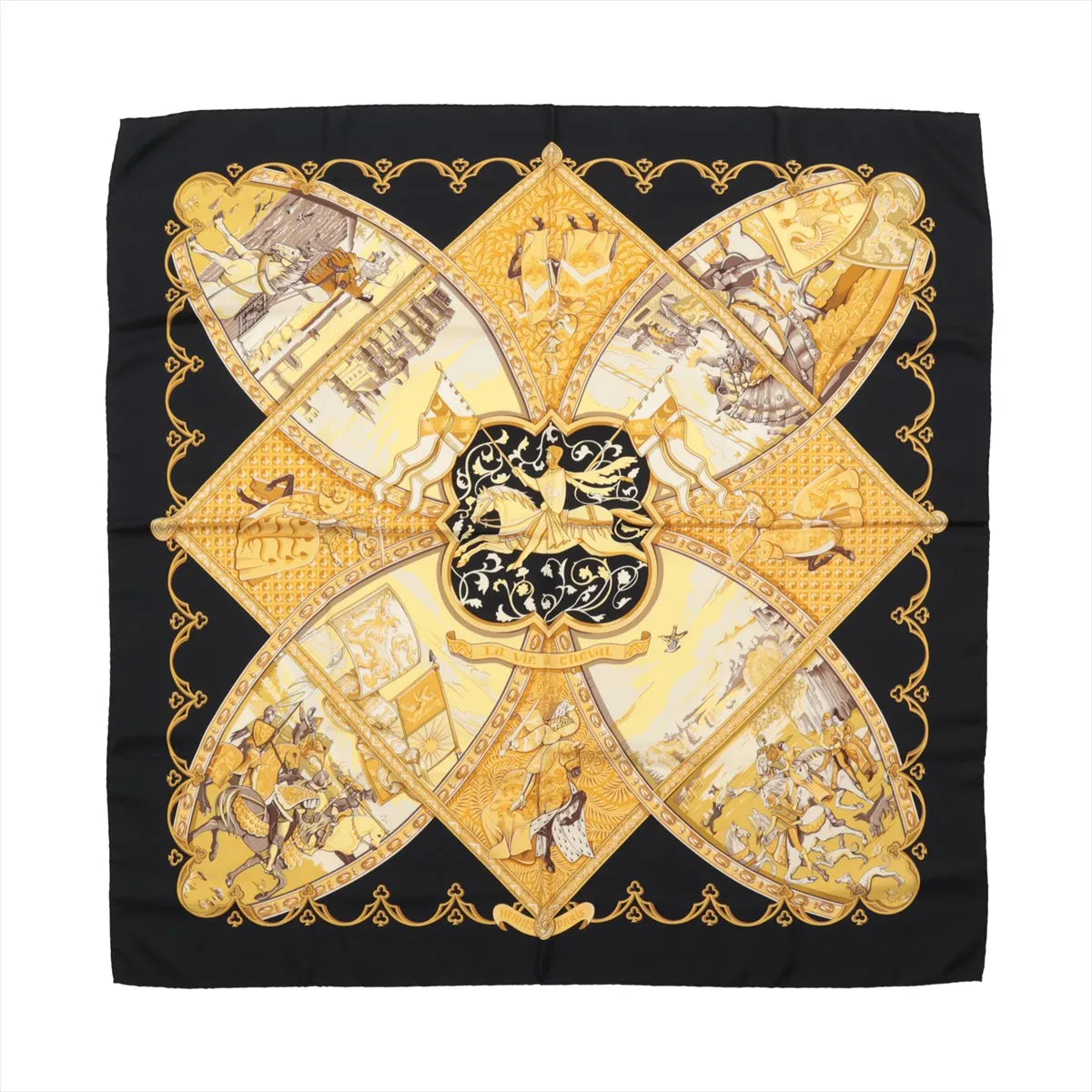 Hermès Carré 90 "La Vie à Cheval" silk scarf in black and yellow featuring detailed equestrian-themed illustrations framed by a bold black border.
