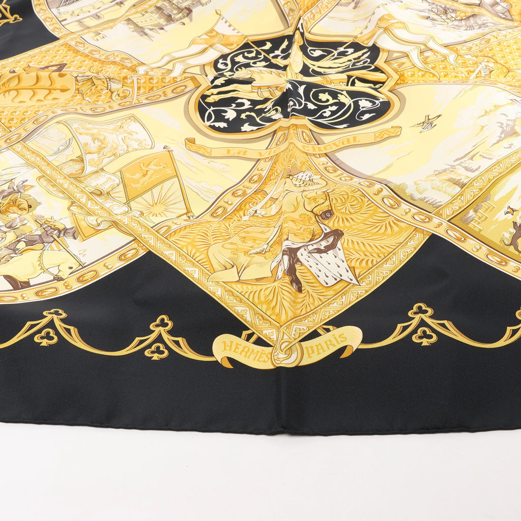 Hermès Carré 90 "LA VIE a CHEVAL" Silk handkerchief in Black x Yellow