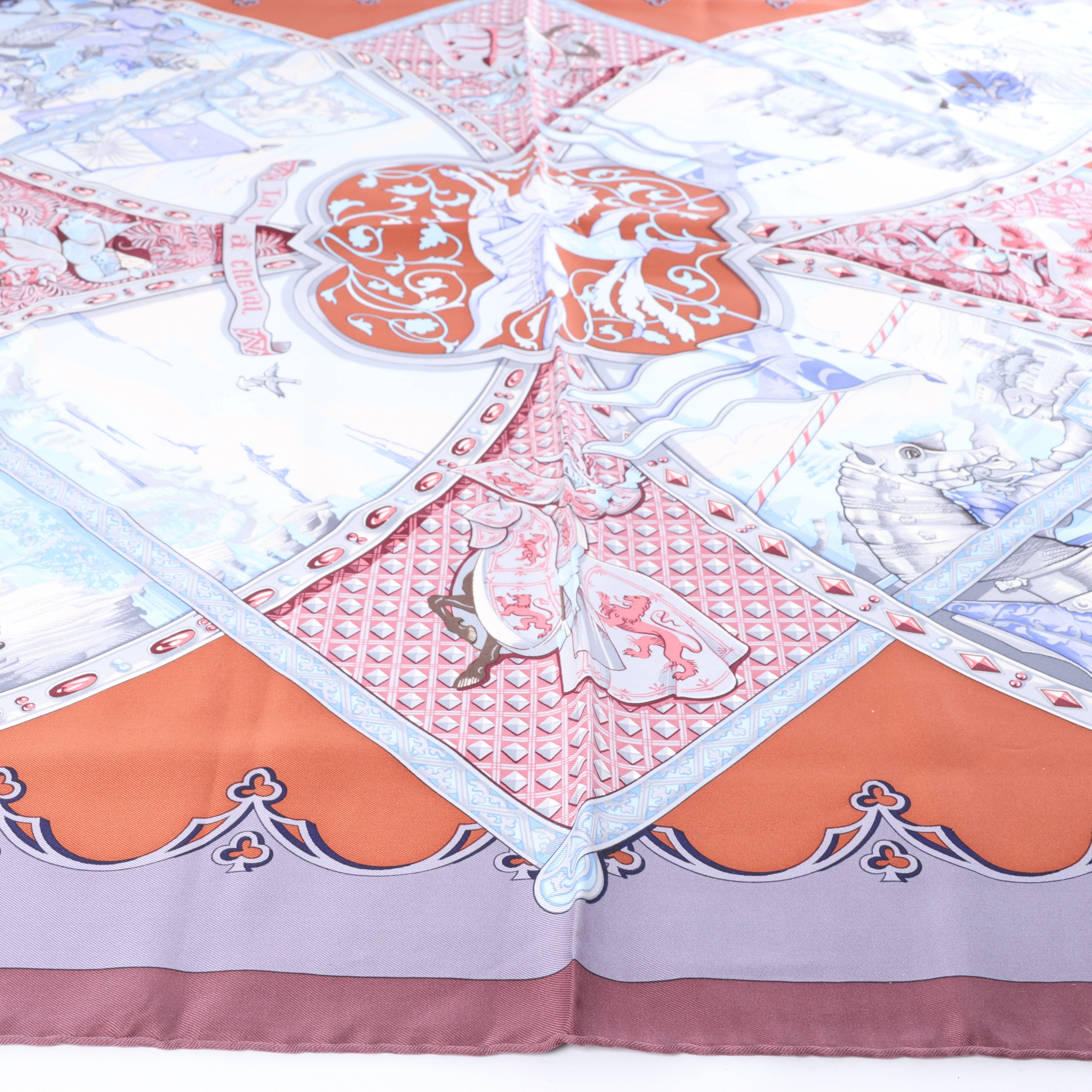 Hermès Carré 90 "LA VIE a CHEVAL" Silk handkerchief in Brown x Blue