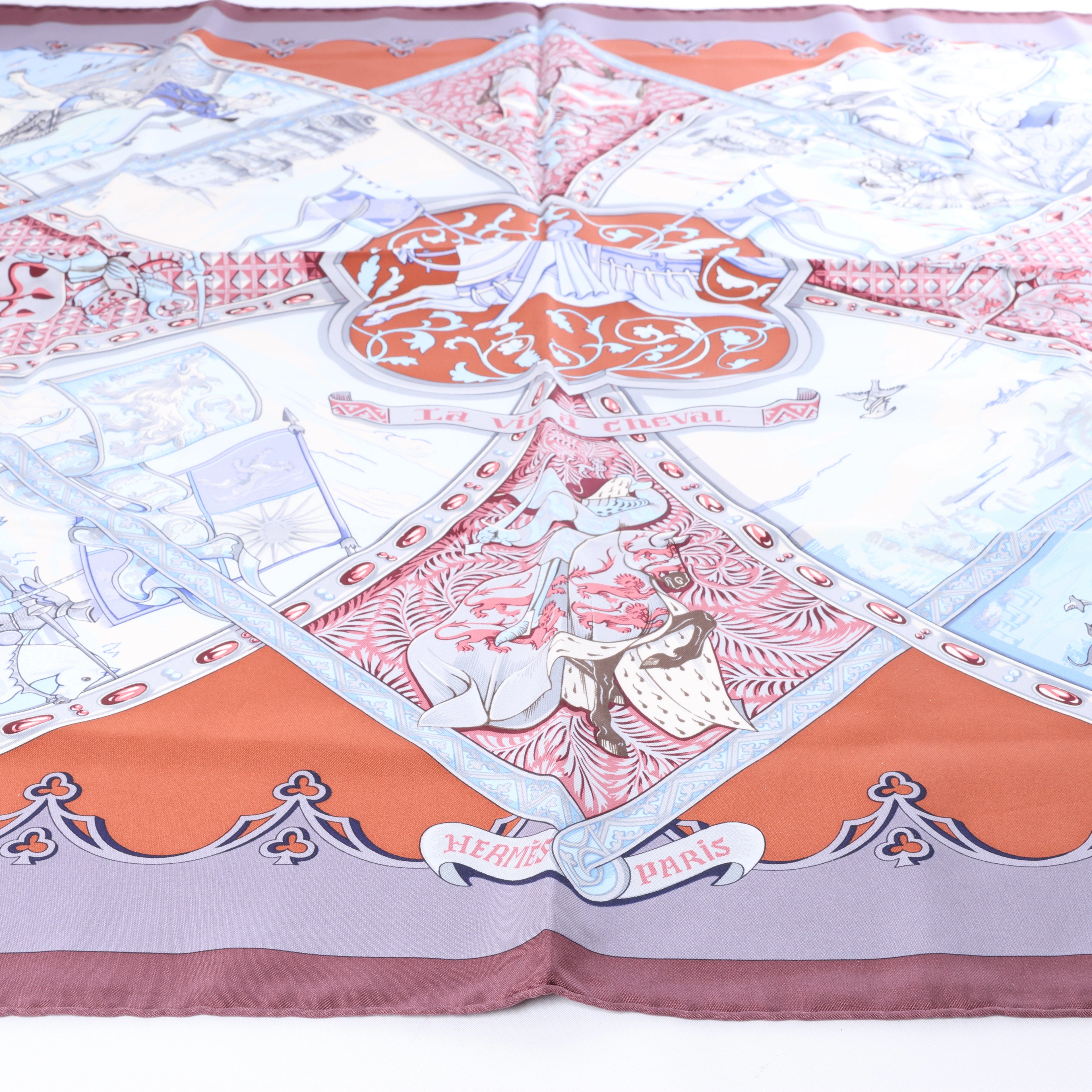 Hermès Carré 90 "LA VIE a CHEVAL" Silk handkerchief in Brown x Blue