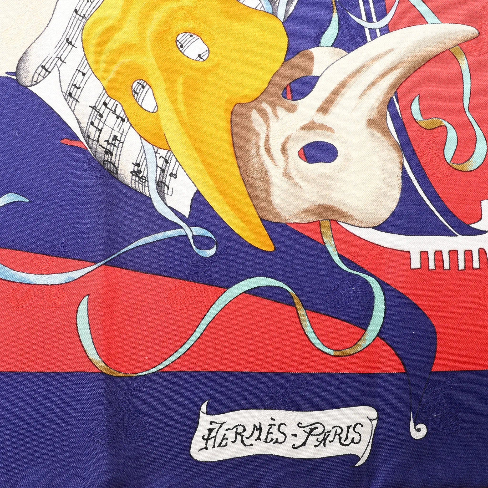Hermès Carré 90 "LE CARNAVAL DE VENISE" Silk handkerchief in Navy Blue x Red