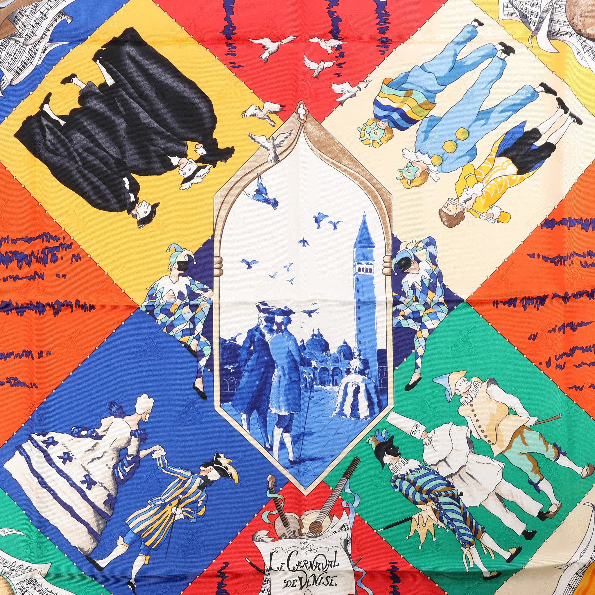 Hermès Carré 90 "LE CARNAVAL DE VENISE" Silk handkerchief in Navy Blue x Red