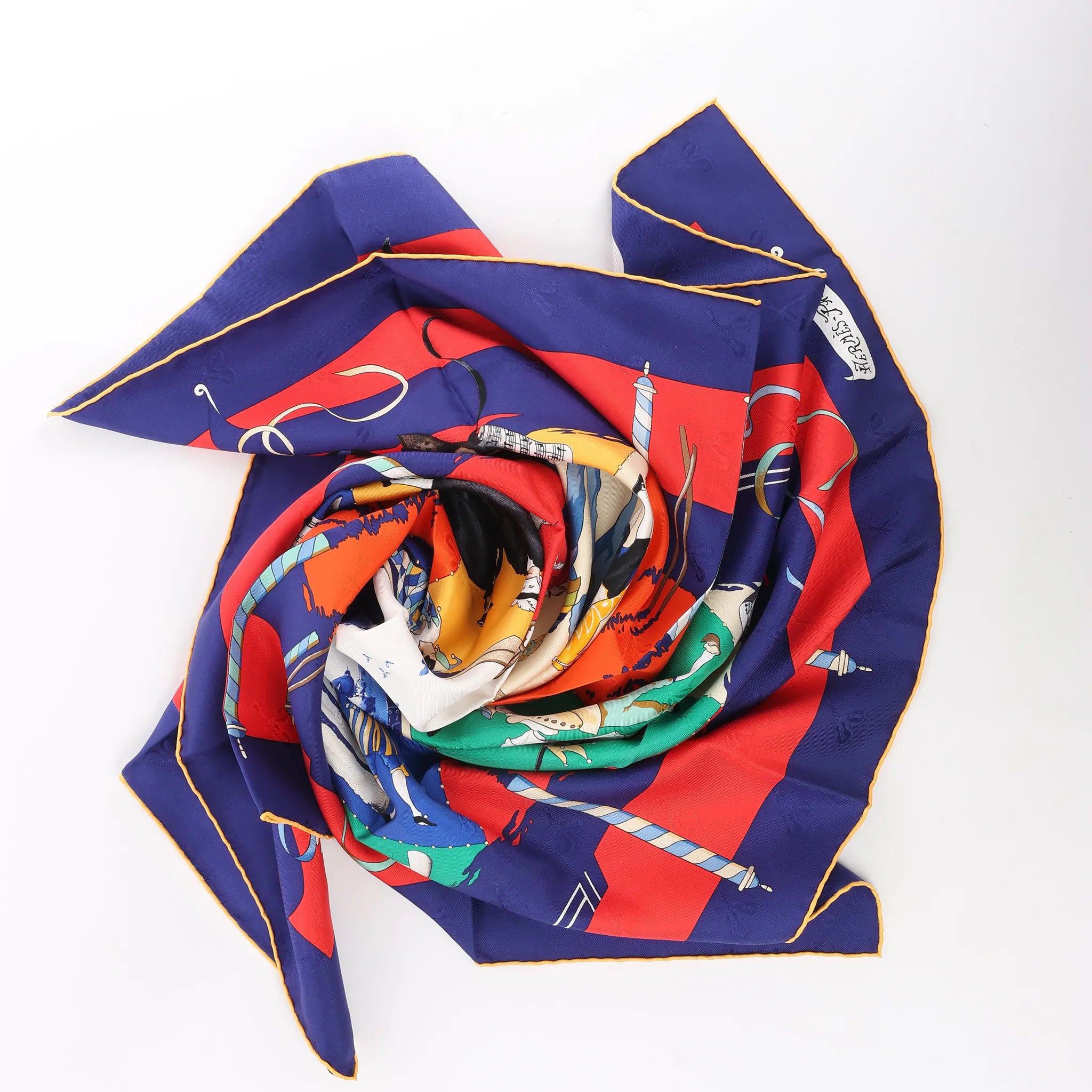 Hermès Carré 90 "LE CARNAVAL DE VENISE" Silk handkerchief in Navy Blue x Red