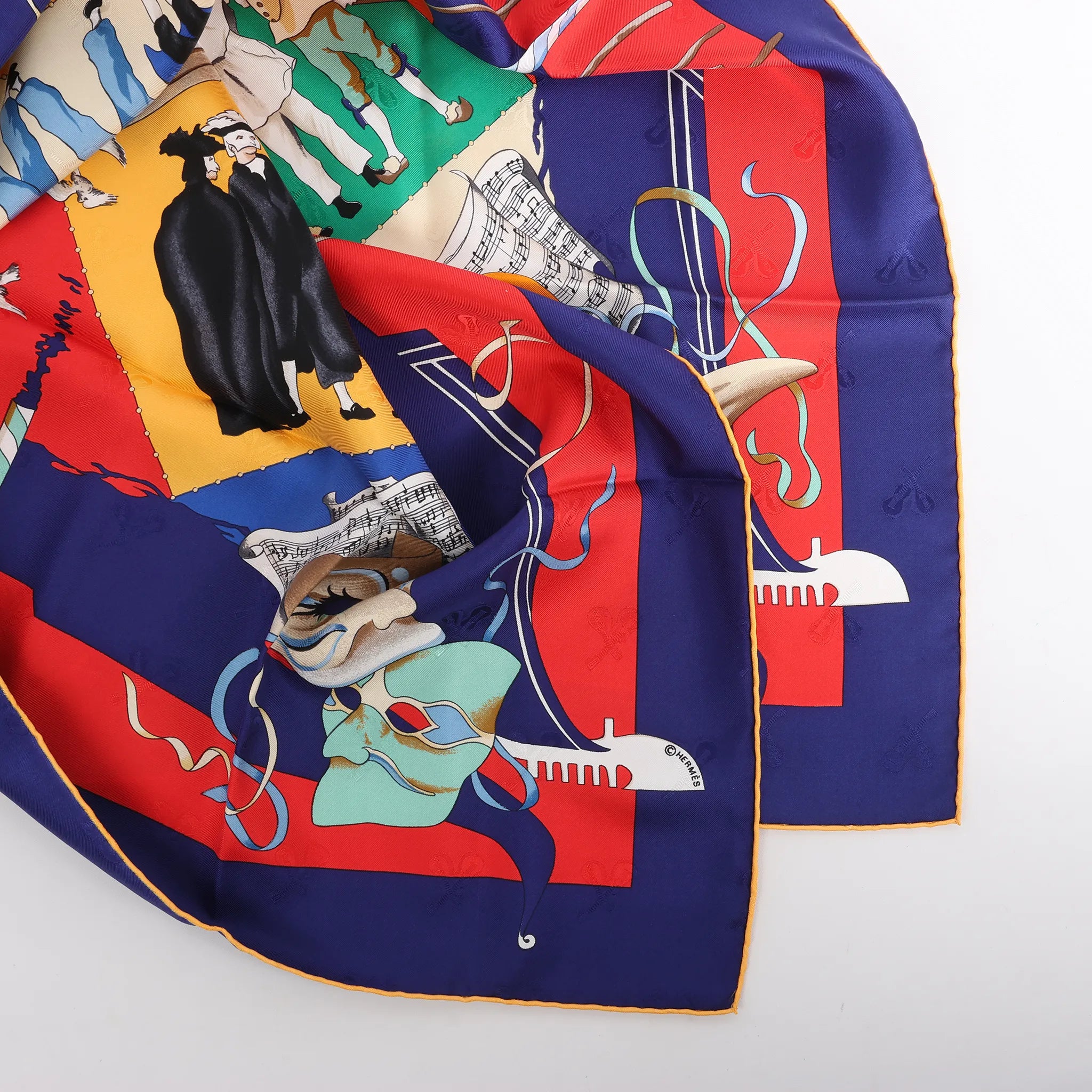 Hermès Carré 90 "LE CARNAVAL DE VENISE" Silk handkerchief in Navy Blue x Red