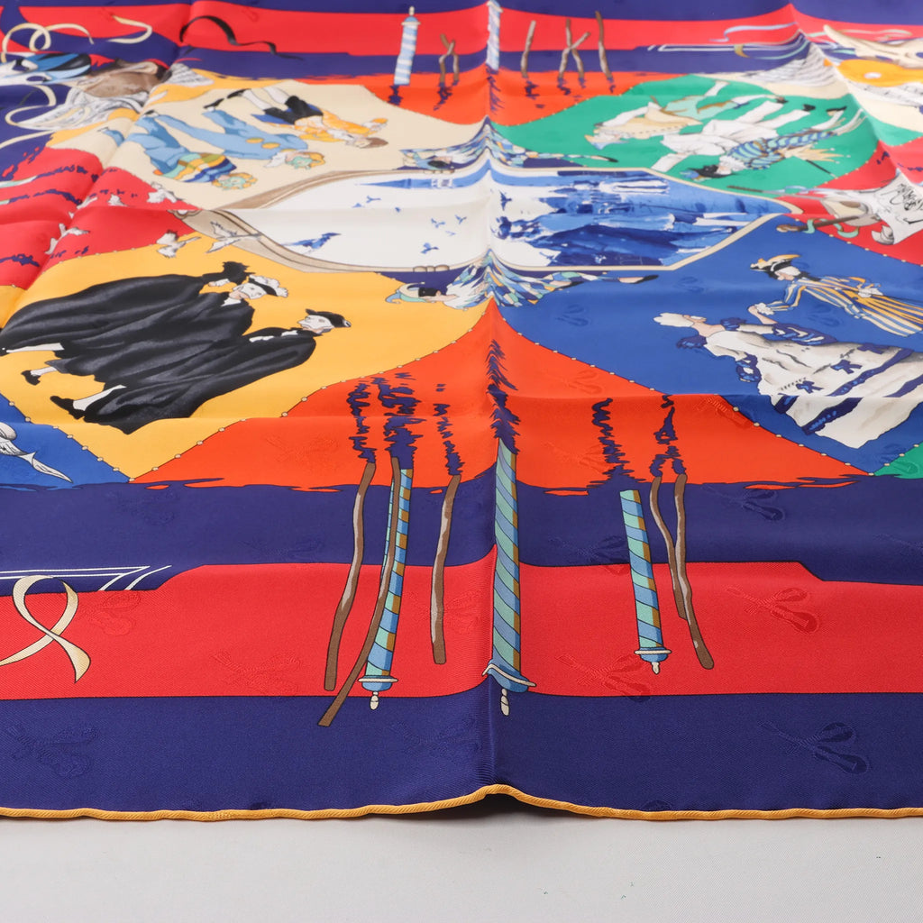 Hermès Carré 90 "LE CARNAVAL DE VENISE" Silk handkerchief in Navy Blue x Red