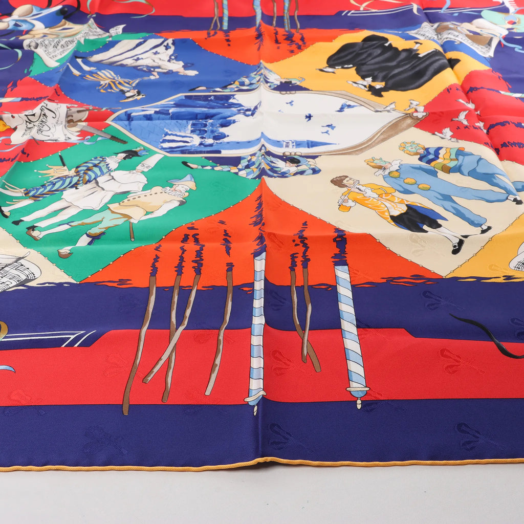 Hermès Carré 90 "LE CARNAVAL DE VENISE" Silk handkerchief in Navy Blue x Red