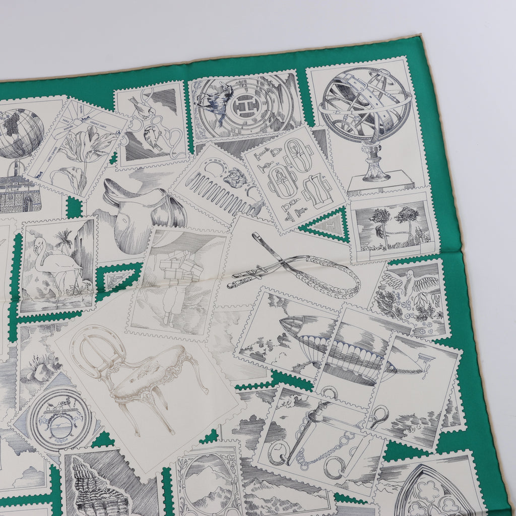 Hermès Carré 90 "LE PHILATELISTE DU FAUBOURG" Silk handkerchief in Green