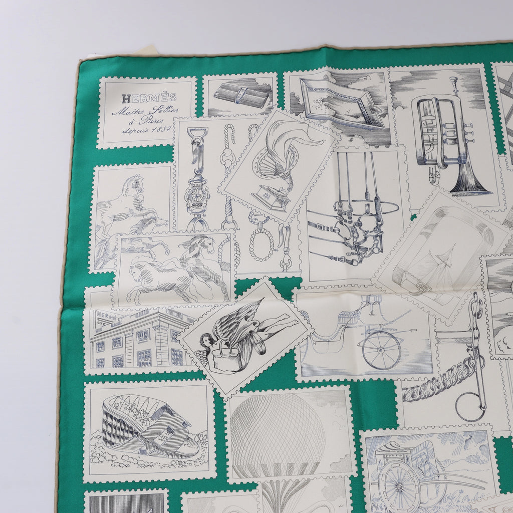 Hermès Carré 90 "LE PHILATELISTE DU FAUBOURG" Silk handkerchief in Green