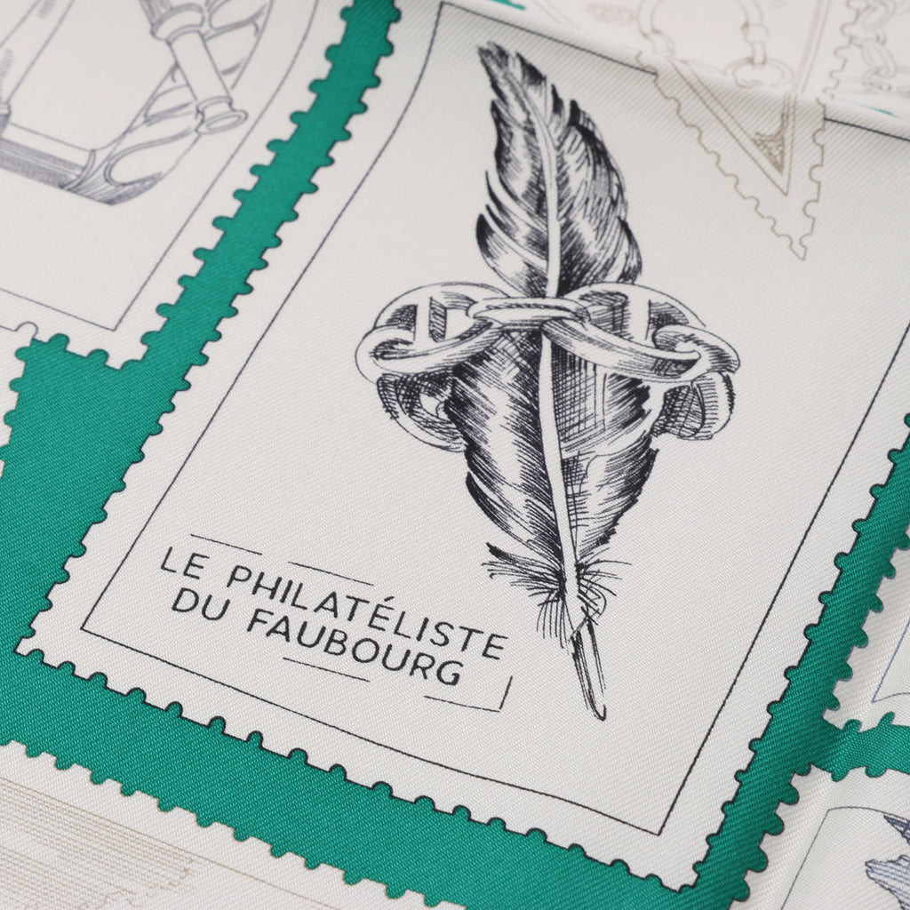 Hermès Carré 90 "LE PHILATELISTE DU FAUBOURG" Silk handkerchief in Green