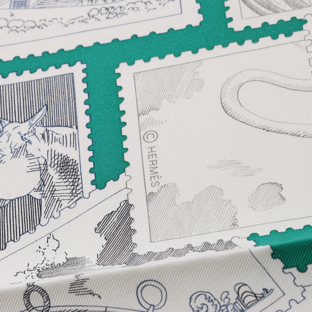 Hermès Carré 90 "LE PHILATELISTE DU FAUBOURG" Silk handkerchief in Green