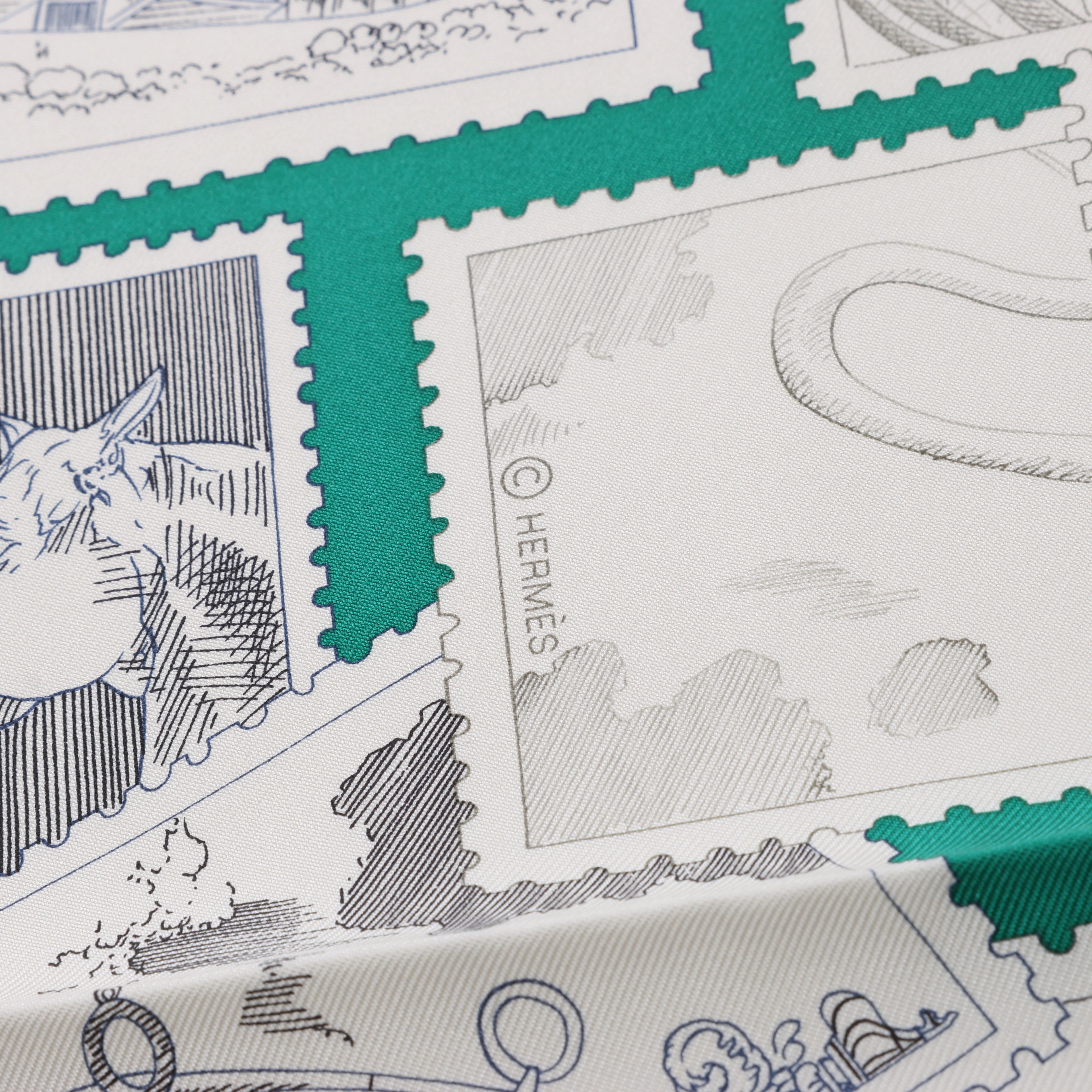 Hermès Carré 90 "LE PHILATELISTE DU FAUBOURG" Silk handkerchief in Green