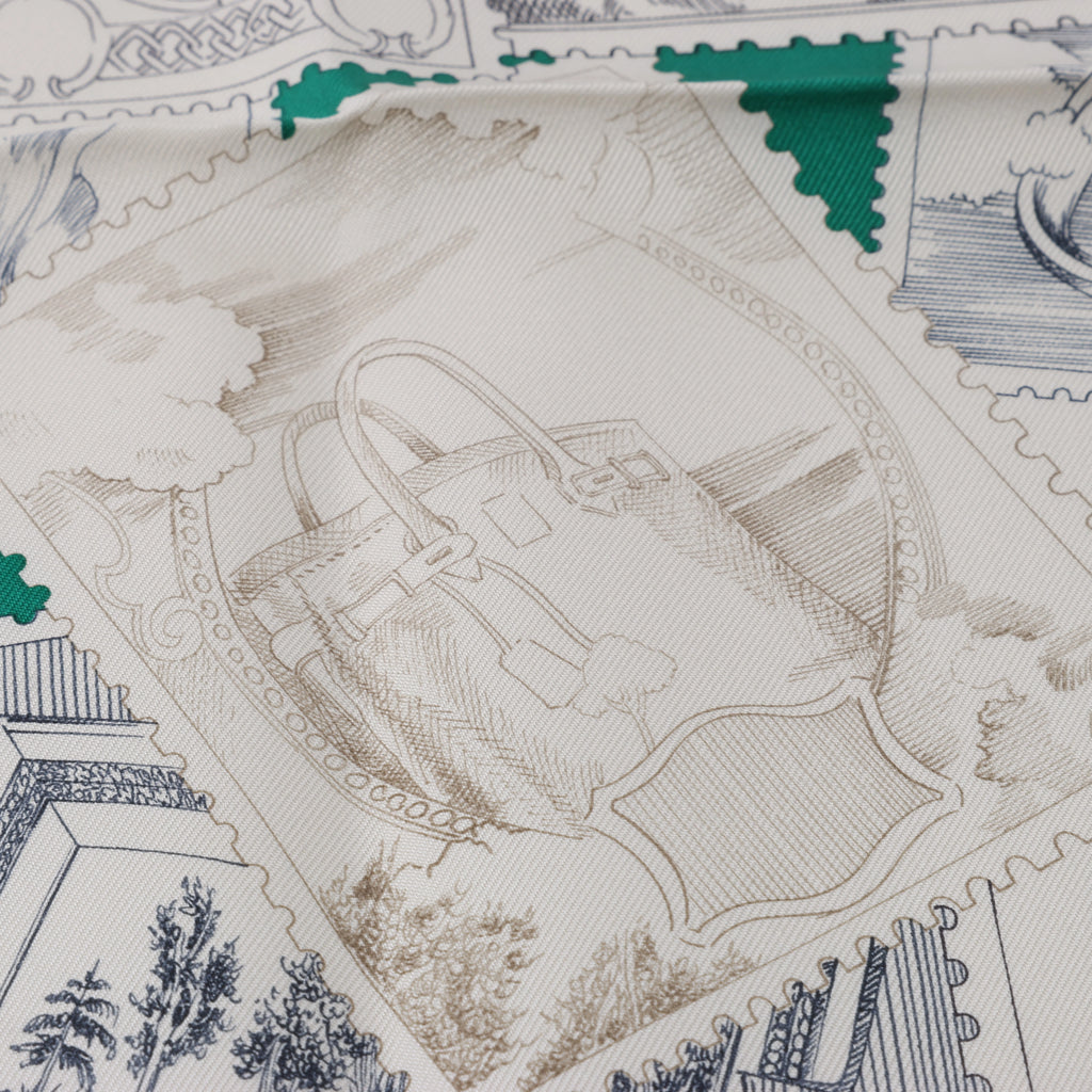 Hermès Carré 90 "LE PHILATELISTE DU FAUBOURG" Silk handkerchief in Green