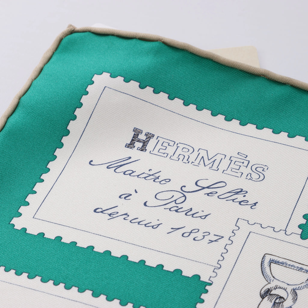 Hermès Carré 90 "LE PHILATELISTE DU FAUBOURG" Silk handkerchief in Green