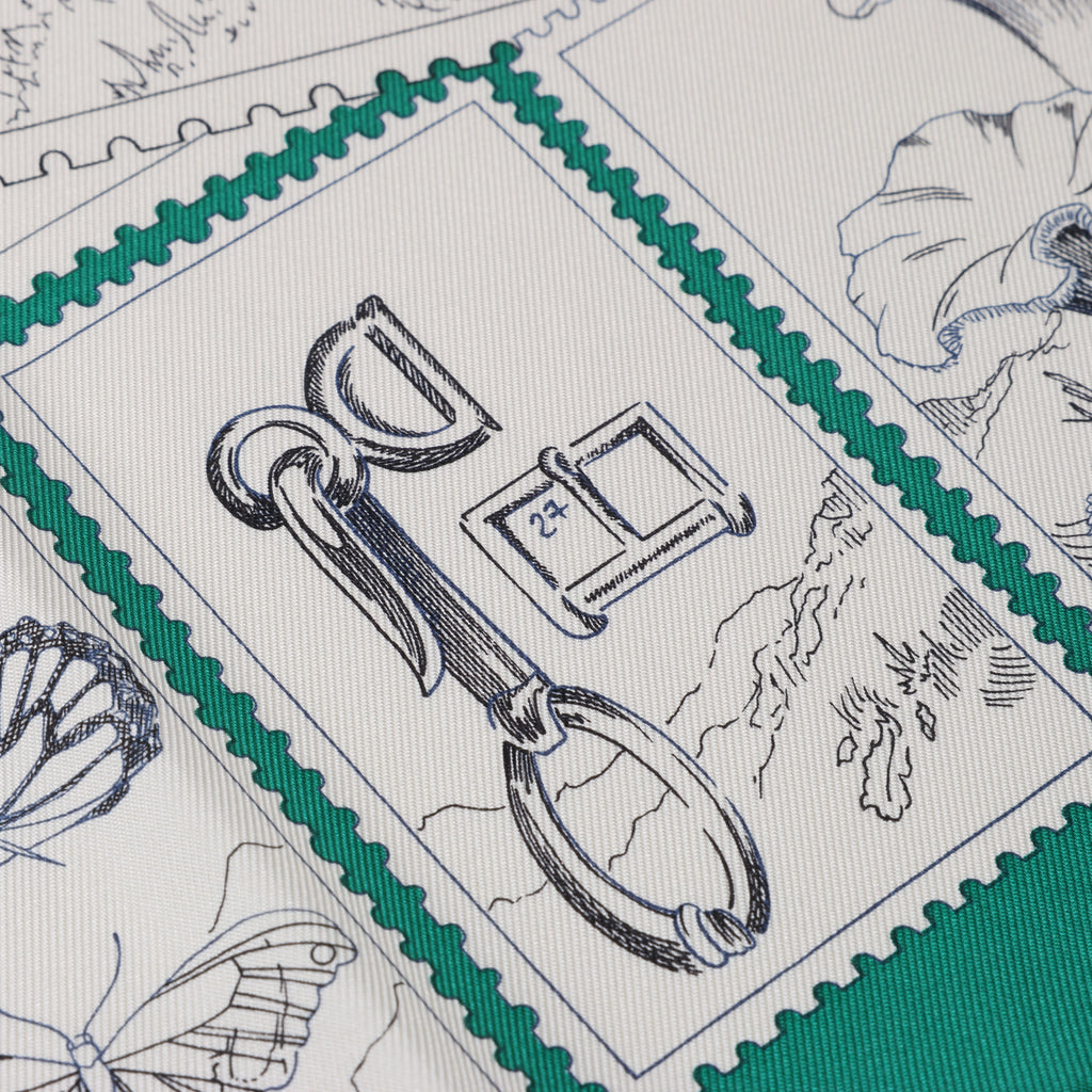 Hermès Carré 90 "LE PHILATELISTE DU FAUBOURG" Silk handkerchief in Green