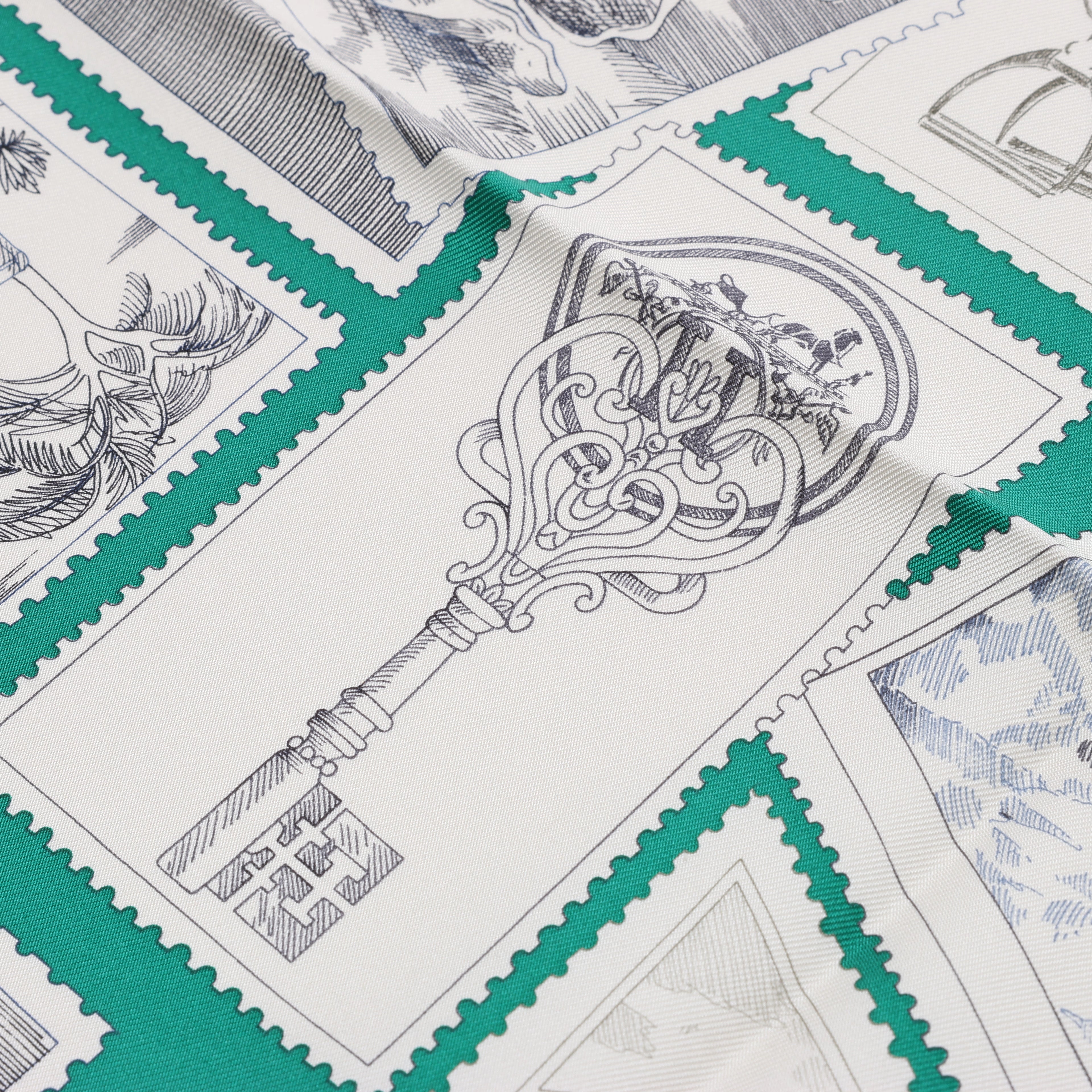 Hermès Carré 90 "LE PHILATELISTE DU FAUBOURG" Silk handkerchief in Green