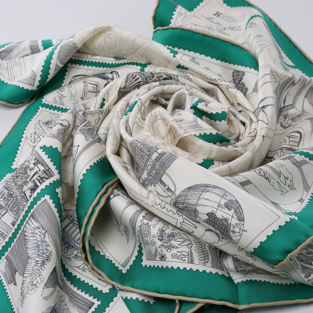 Hermès Carré 90 "LE PHILATELISTE DU FAUBOURG" Silk handkerchief in Green