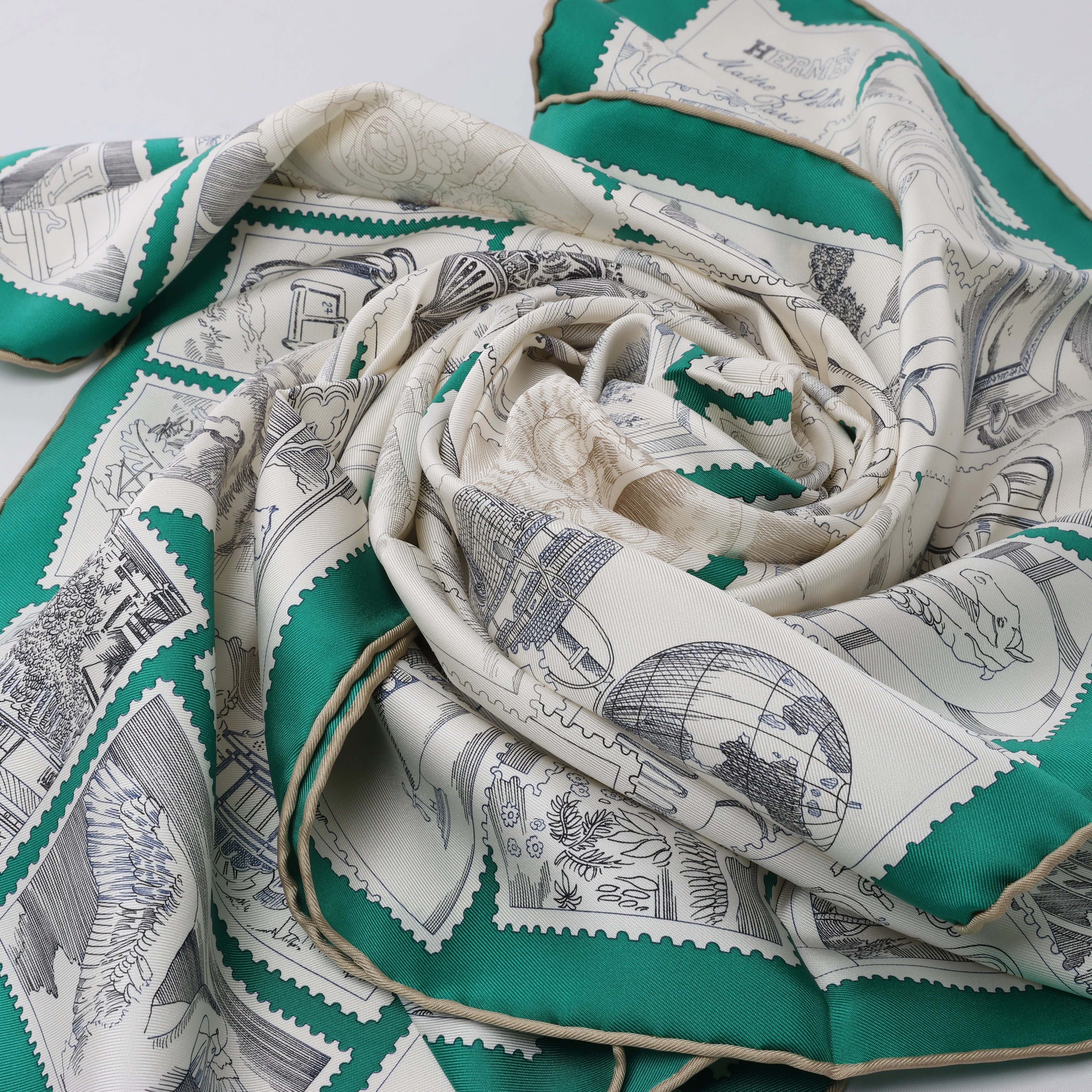 Hermès Carré 90 "LE PHILATELISTE DU FAUBOURG" Silk handkerchief in Green