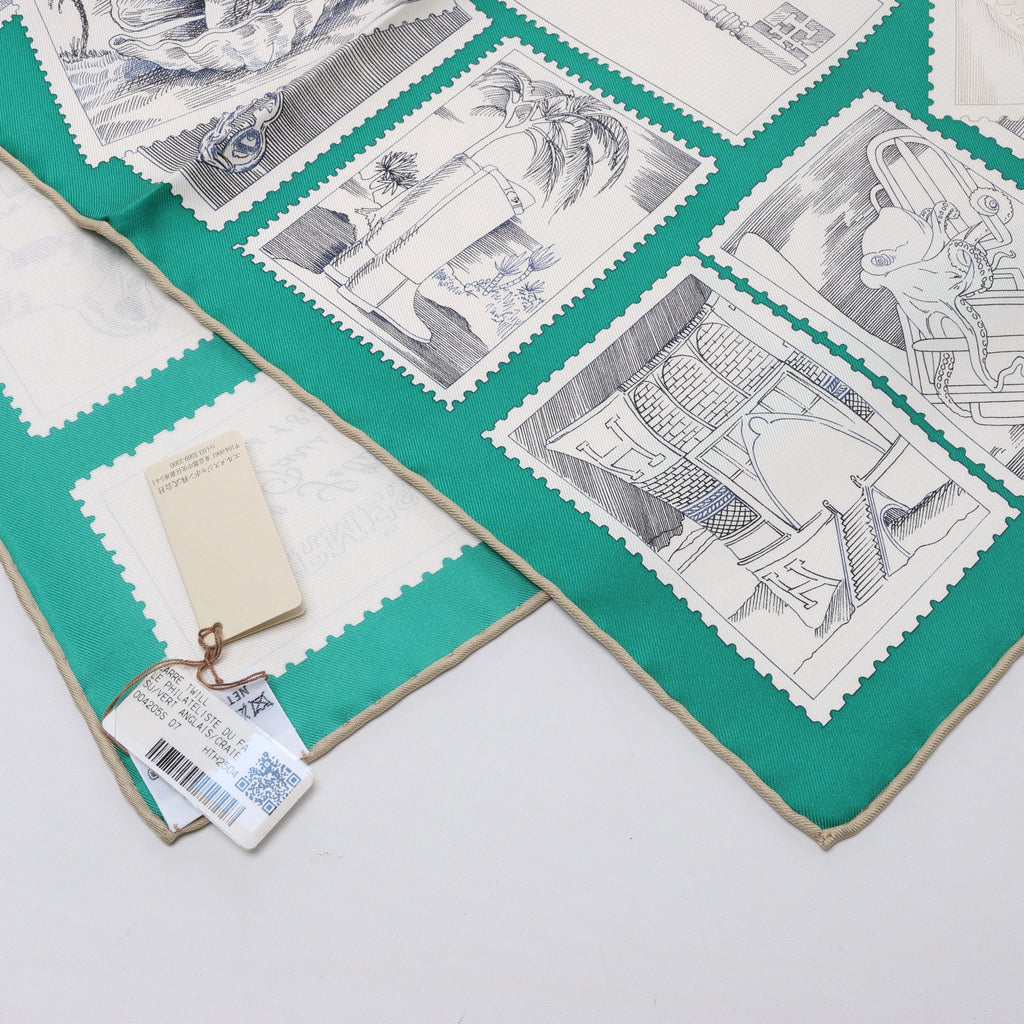 Hermès Carré 90 "LE PHILATELISTE DU FAUBOURG" Silk handkerchief in Green