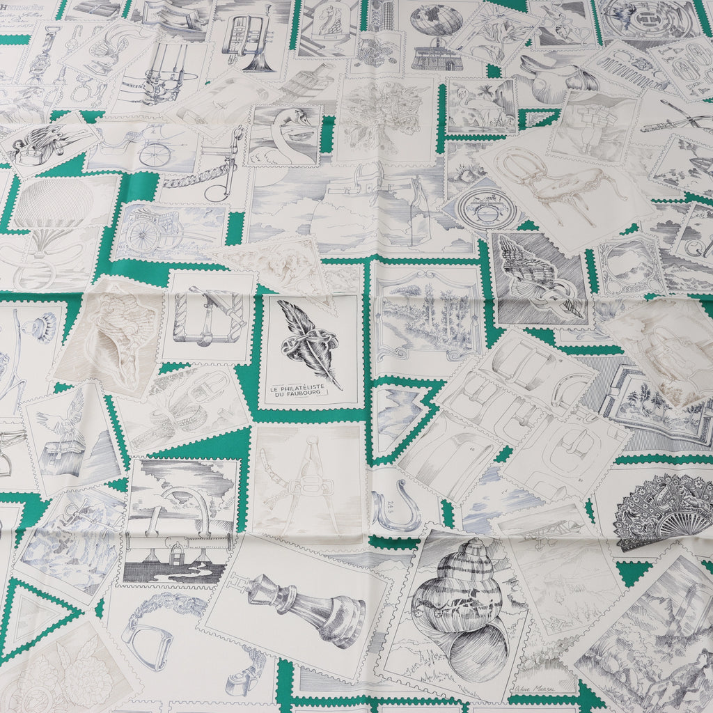 Hermès Carré 90 "LE PHILATELISTE DU FAUBOURG" Silk handkerchief in Green