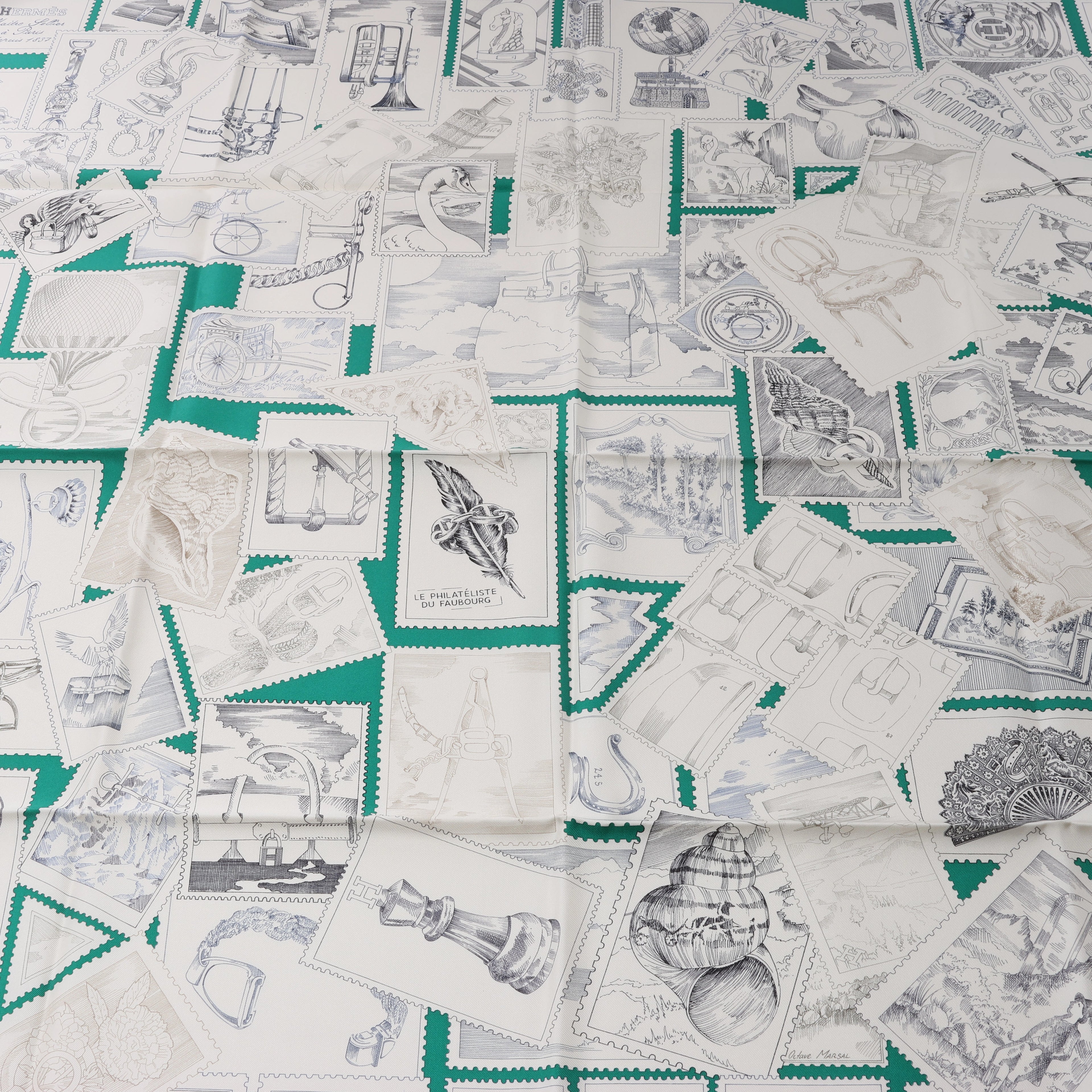 Hermès Carré 90 "LE PHILATELISTE DU FAUBOURG" Silk handkerchief in Green