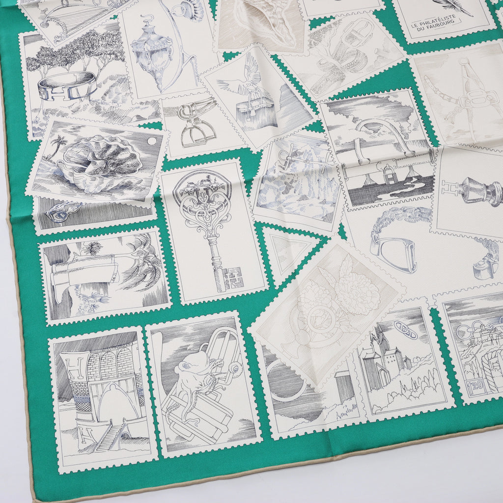Hermès Carré 90 "LE PHILATELISTE DU FAUBOURG" Silk handkerchief in Green