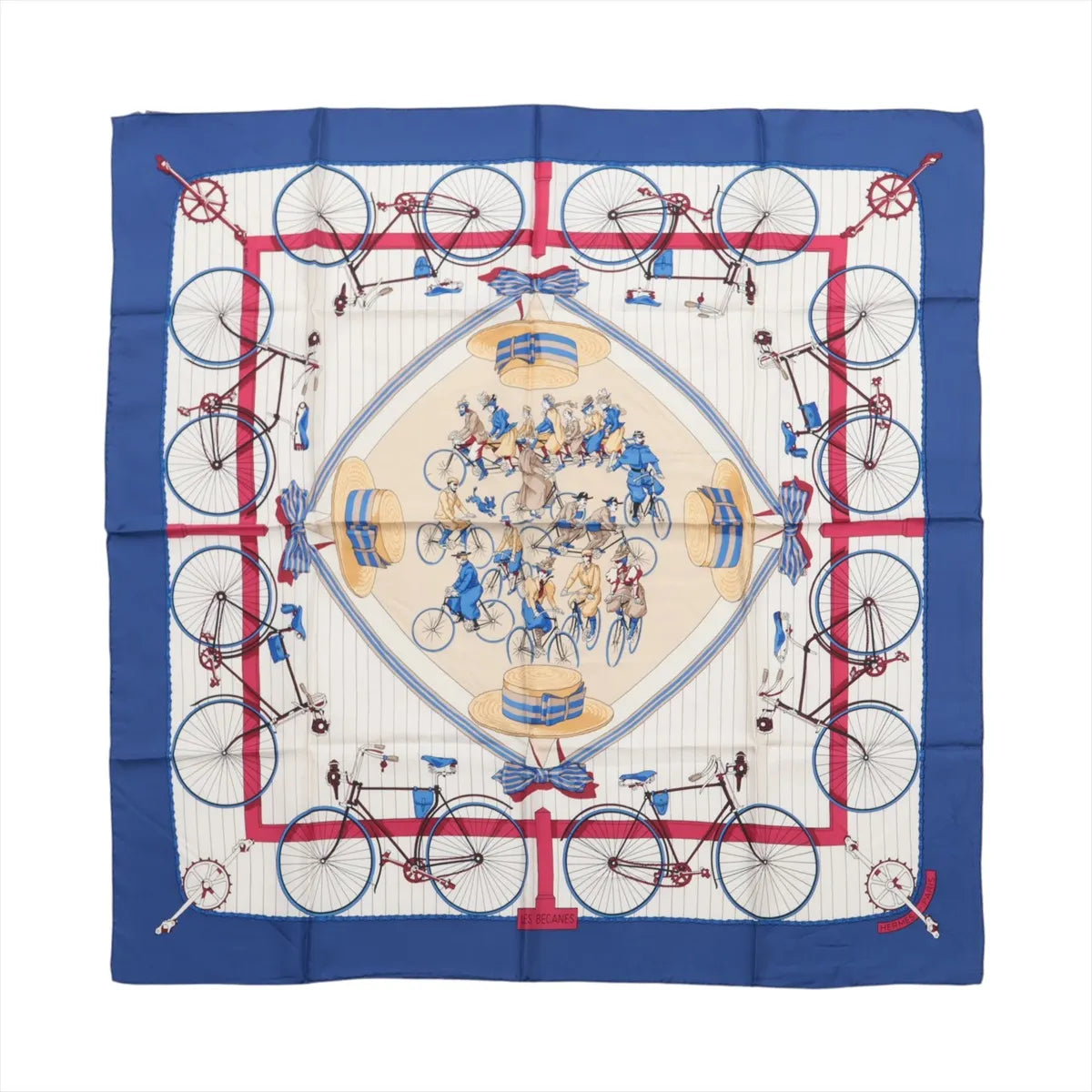 Hermès Carré 90 "LES BECANES" Silk handkerchief in Blue x White