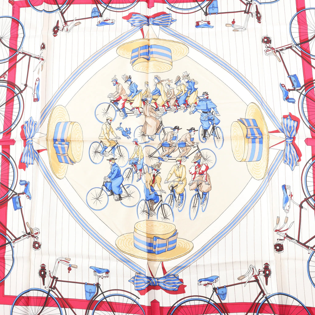 Hermès Carré 90 "LES BECANES" Silk handkerchief in Blue x White