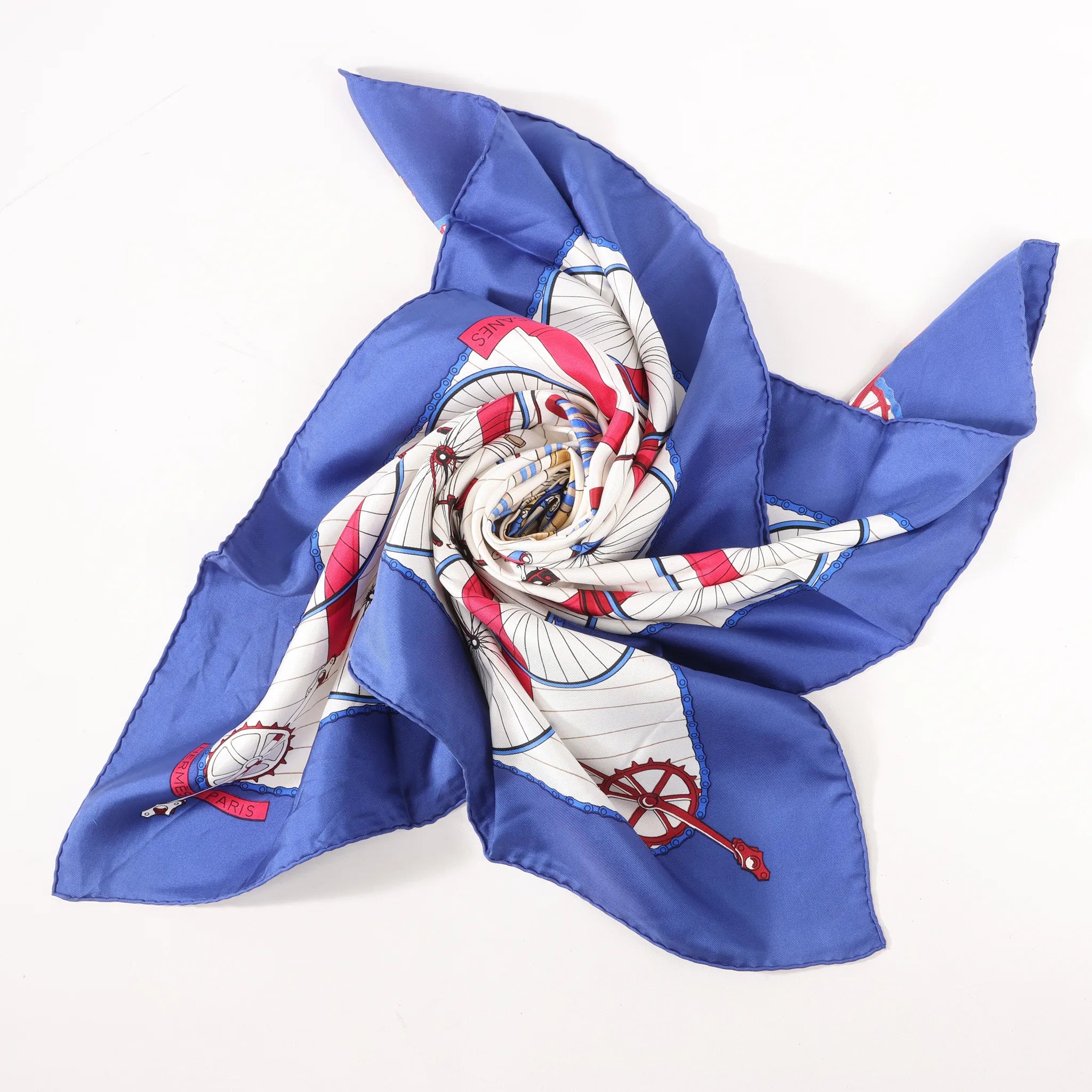 Hermès Carré 90 "LES BECANES" Silk handkerchief in Blue x White