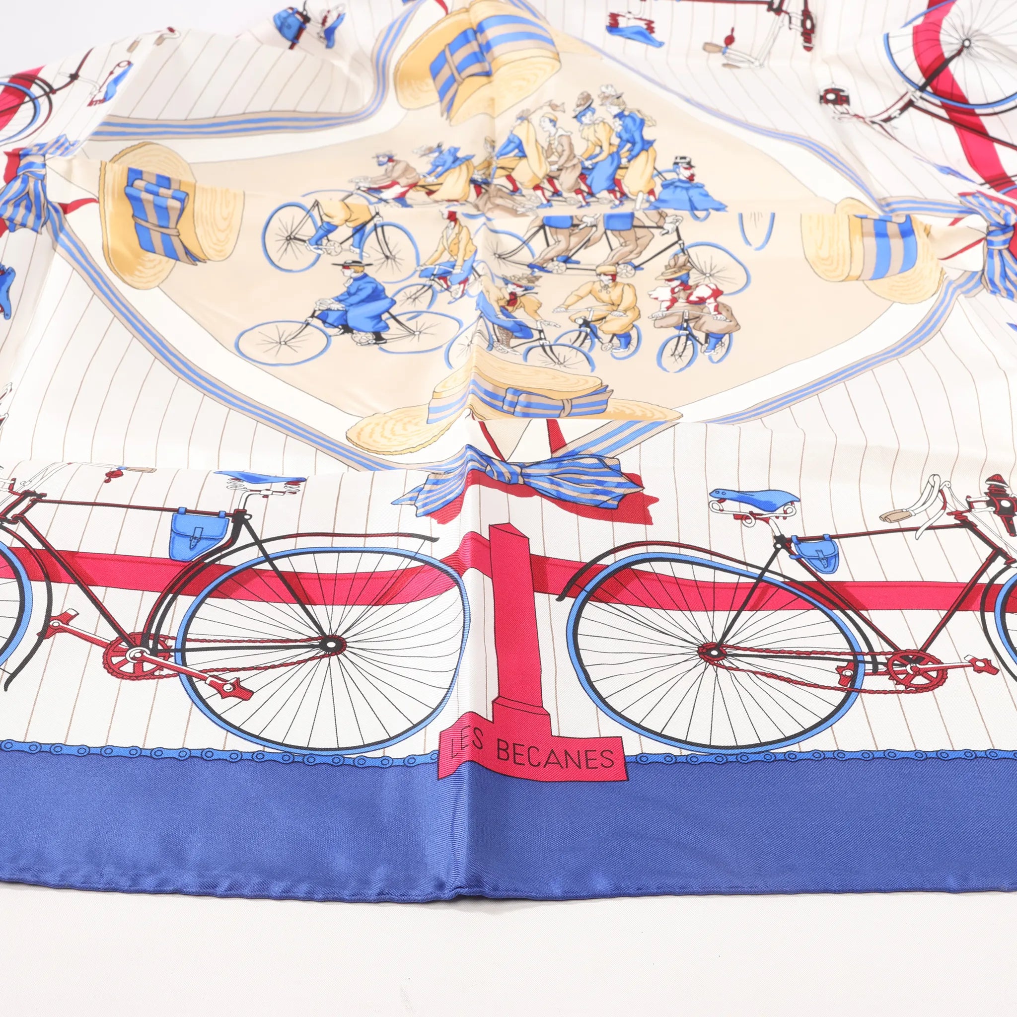 Hermès Carré 90 "LES BECANES" Silk handkerchief in Blue x White