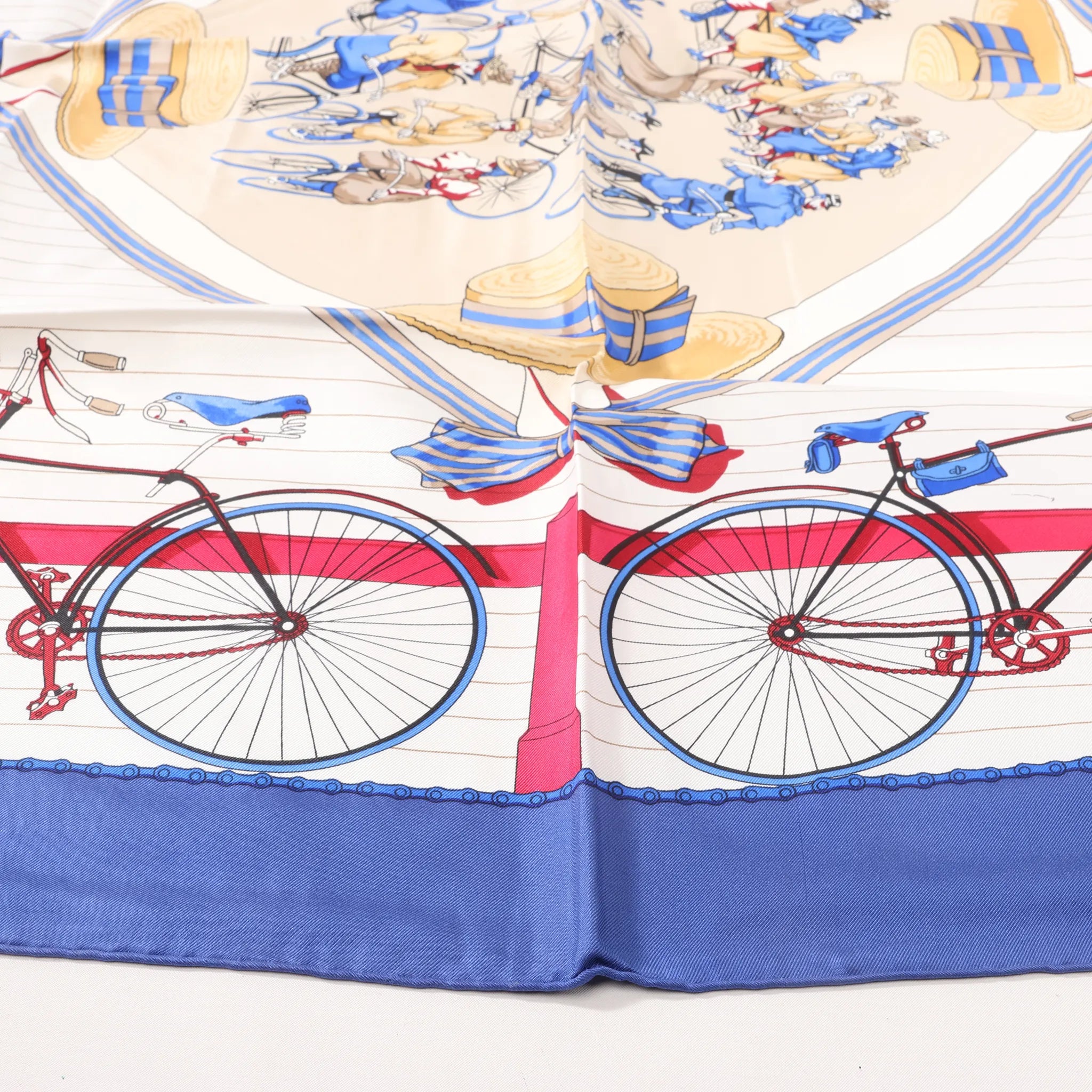 Hermès Carré 90 "LES BECANES" Silk handkerchief in Blue x White