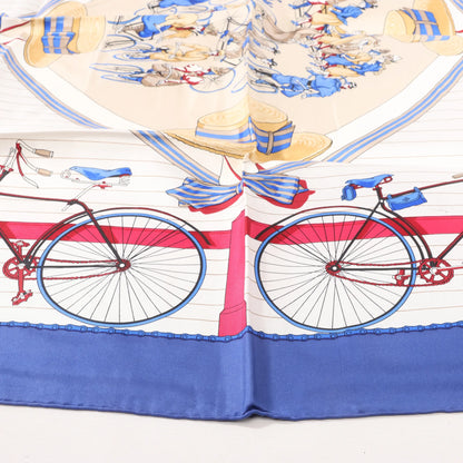Hermès Carré 90 „LES BECANES“ Seidentaschentuch in Blau x Weiß