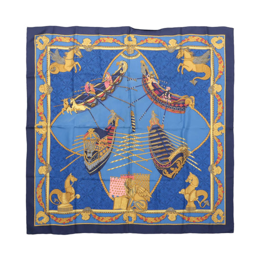 Hermès Carré 90 "LES BISSONE DE VENISE" Foulard 100% Soie en Bleu