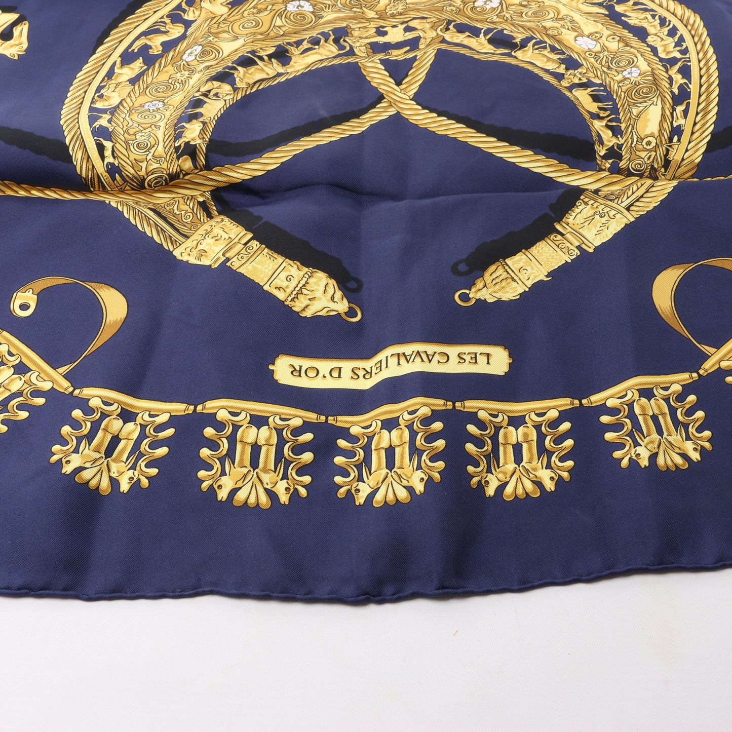 Hermès Carré 90 "LES CAVALIERS D'OR" 100% Silk Scarf in Navy Blue x Gold