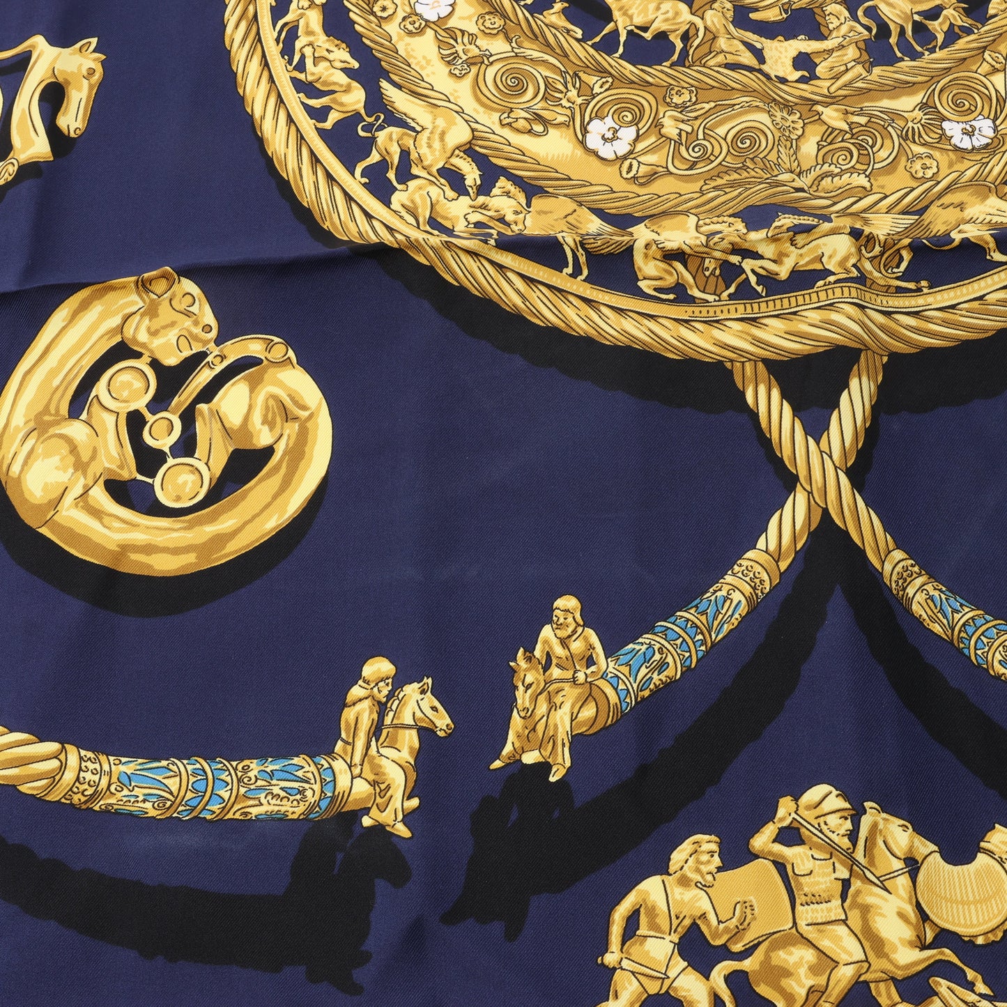 Hermès Carré 90 "LES CAVALIERS D'OR" 100% Silk Scarf in Navy Blue x Gold