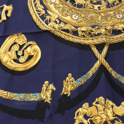 Hermès Carré 90 "LES CAVALIERS D'OR" 100% Silk Scarf in Navy Blue x Gold