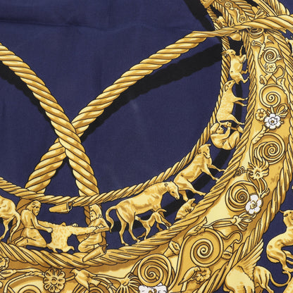 Hermès Carré 90 "LES CAVALIERS D'OR" 100% Silk Scarf in Navy Blue x Gold