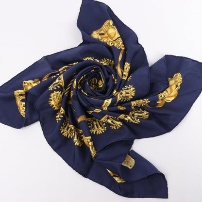 Hermès Carré 90 "LES CAVALIERS D'OR" 100% Silk Scarf in Navy Blue x Gold
